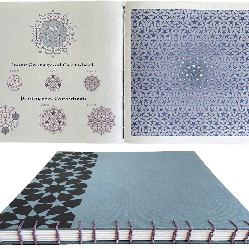"Quasiperiodica Vol. I: Guises of the Penrose Tiling." Giclee prints on paper, hand bound with Coptic stitch. 72 pages of artist-designed Penrose tile patterns. 33x33 cm (13x13 in) page size.